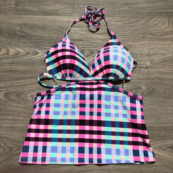 Hula Honey Other - Hula Honey Plaid Tankini Halter Top Medium Preppy Swim Wear Bathing Suit
